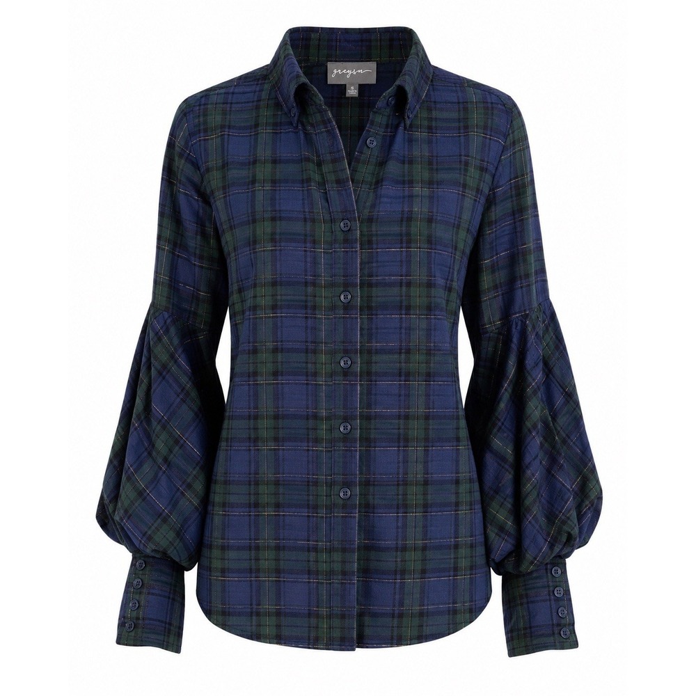 Greyson Shirt S Blackwatch Plaid Quiet Luxury Old Money‎ Preppy Metallic Holiday